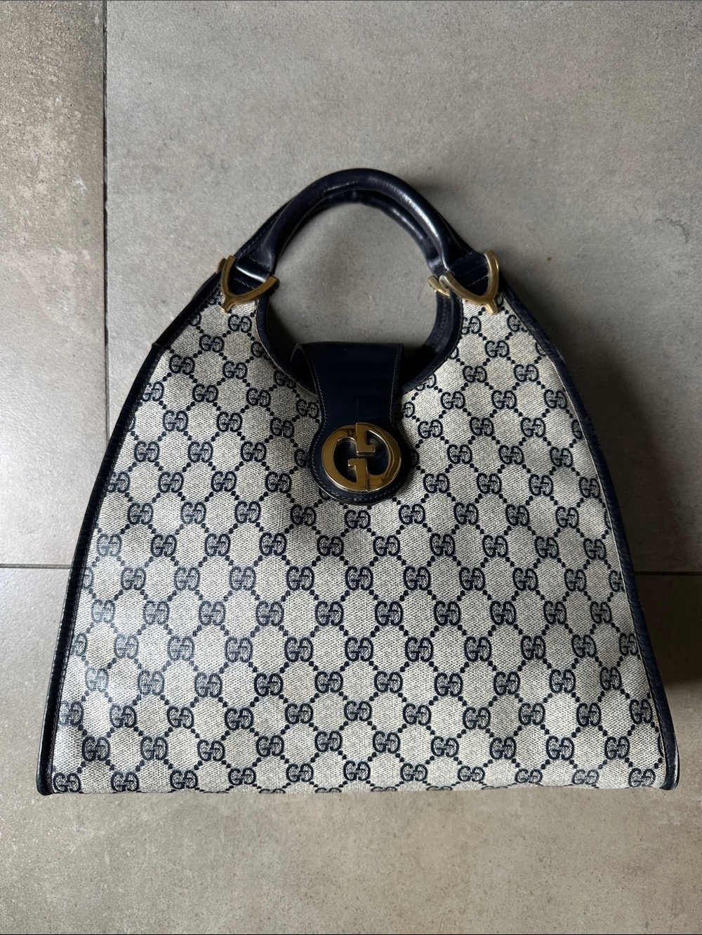Gucci GG 1973 Stirrup Canvas Tote Hobo with Navy Trim and Gold Hardware Vintage